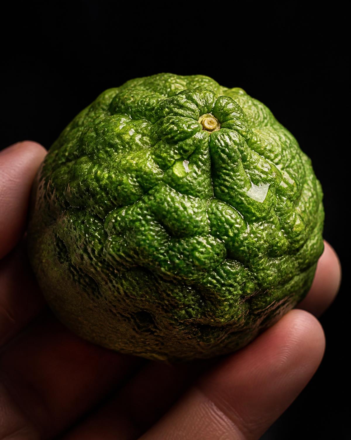 Macro del fruto de Lima Kaffir mostrando su piel rugosa